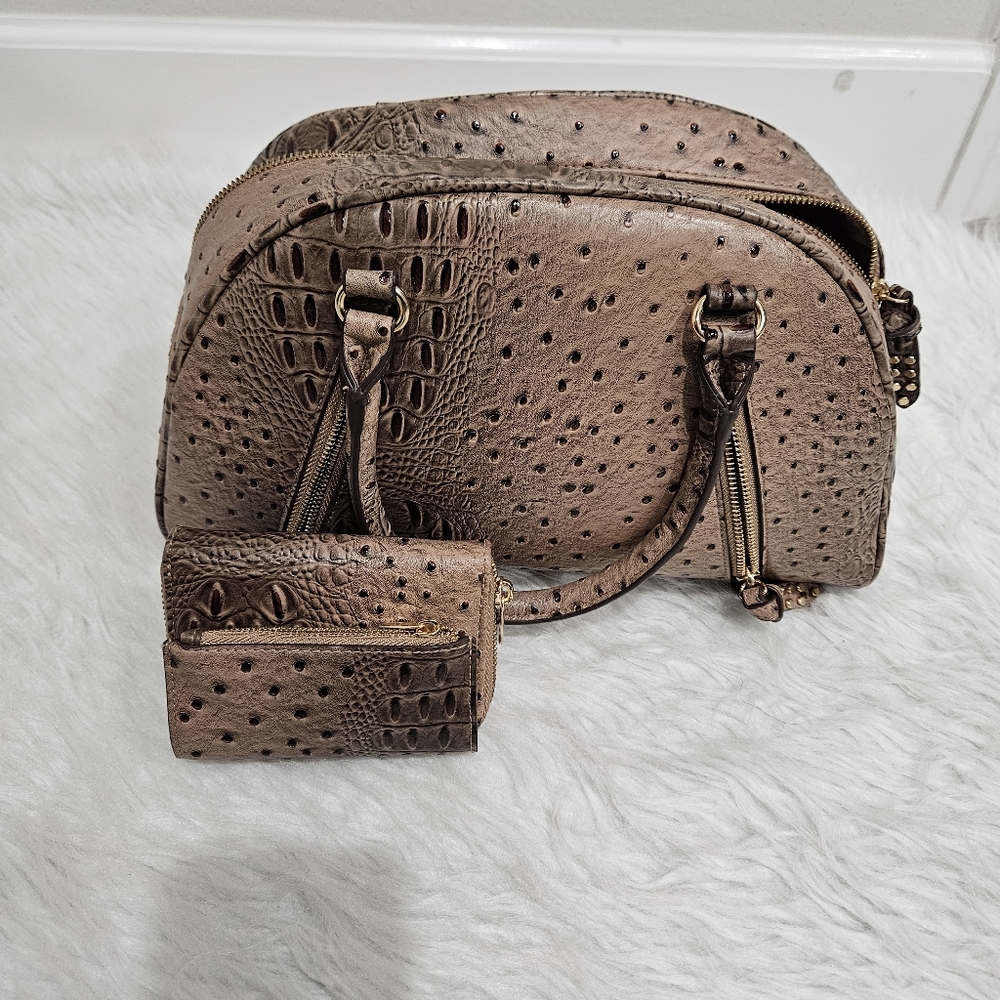 Cato Brown Faux Ostrich Dome Satchel with Matching Wallet